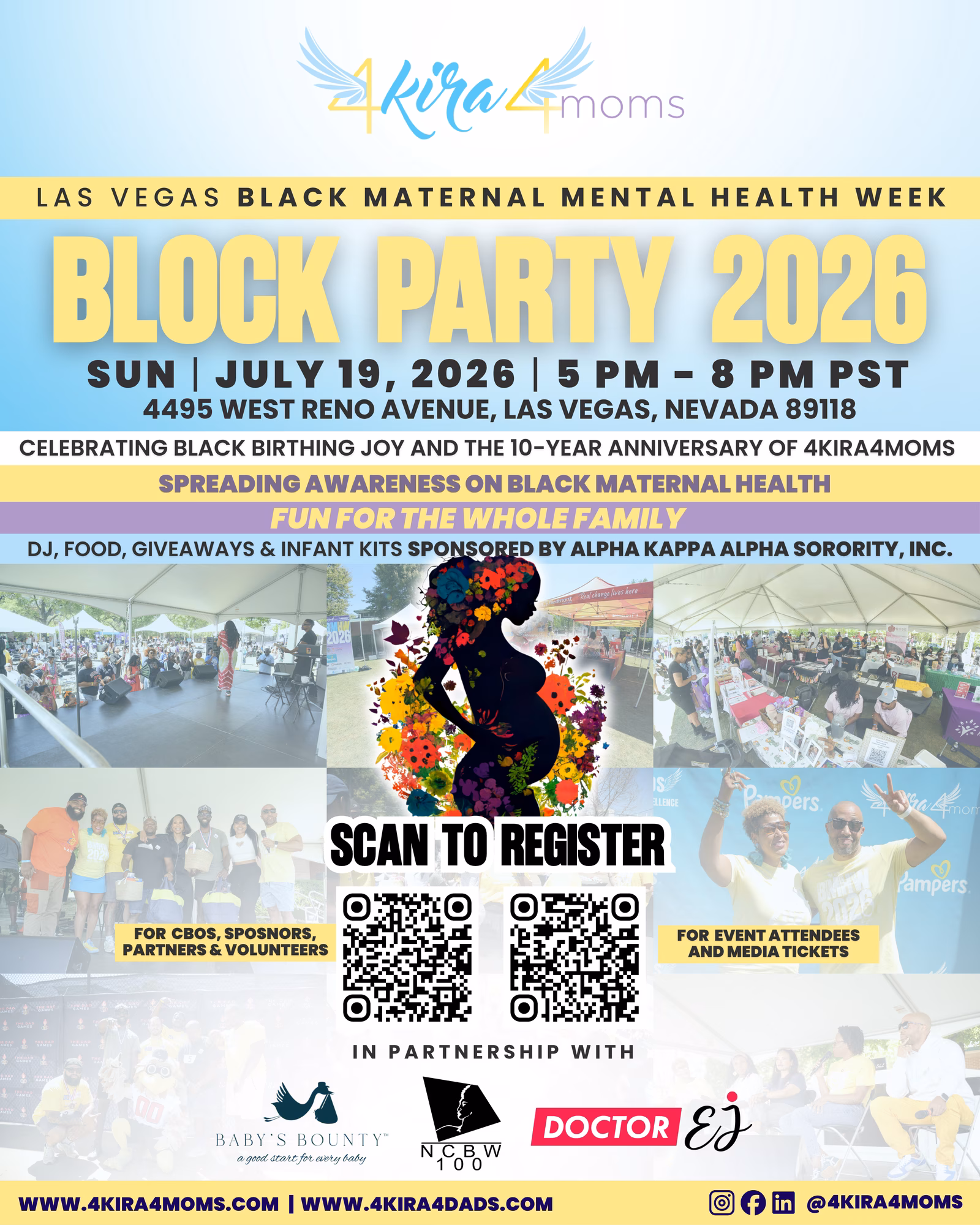 Vegas Block Party 2026 flyer with event details and registration QR codes